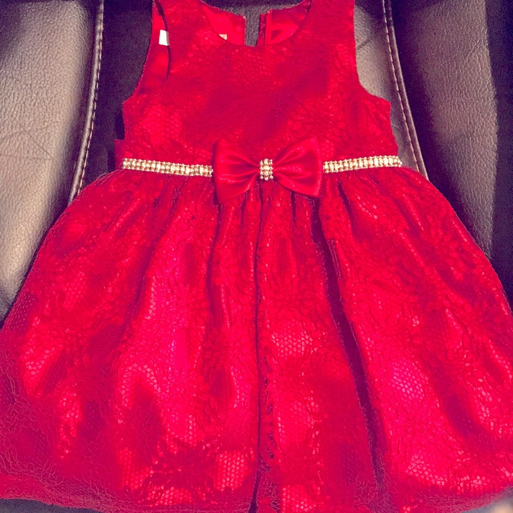 red satin and lace Christmas dress with bling